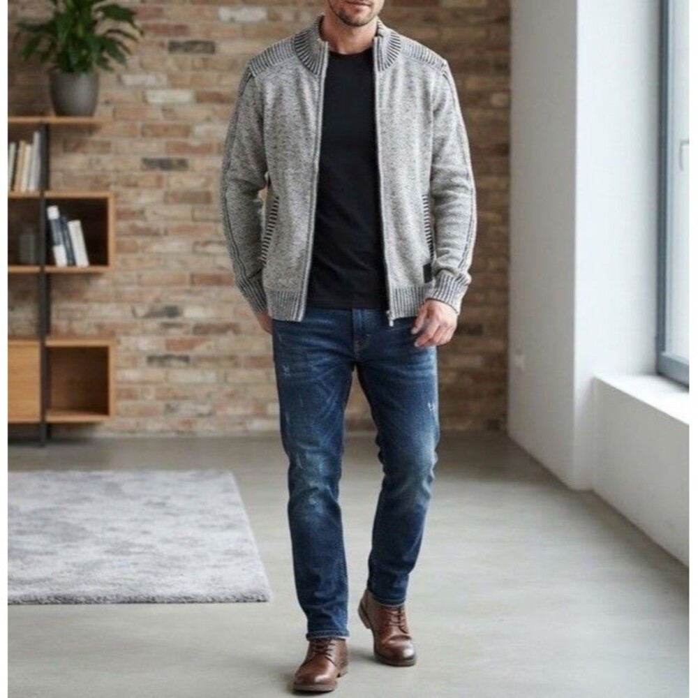 Fried Denim NYC Men L Gray Black Full Zip Knit Cardigan Sweater Jacket Mock Neck